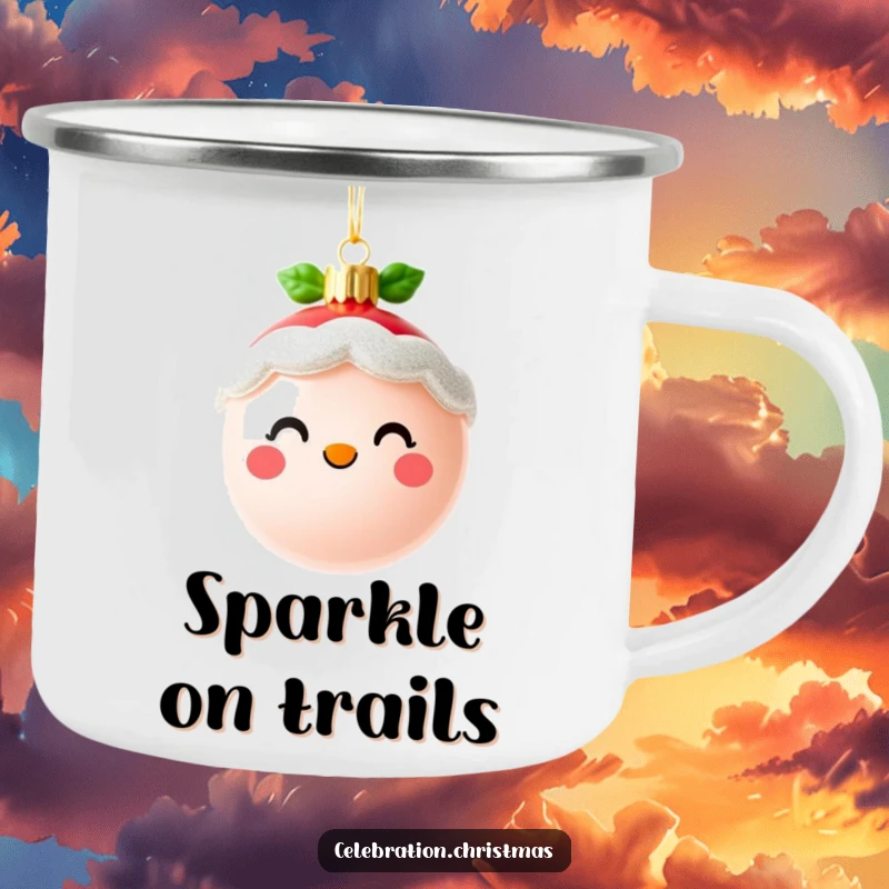Funny cute Christmas ornament camping mug with a cheerful, sparkling face, perfect for outdoor trips and a funny gift.