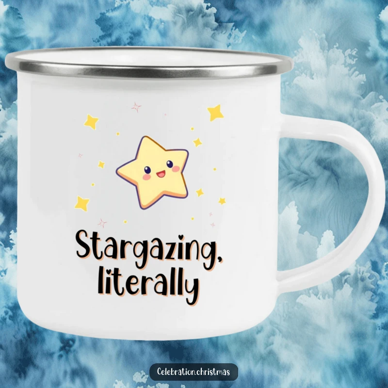 Funny camping mug showing a twinkling star character doing a celebratory dive, perfect for outdoor holiday cheer.
