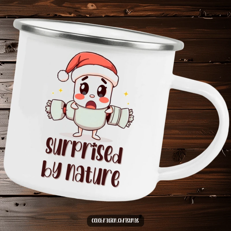 Funny camping mug showing a Christmas cracker character pulling itself apart with surprise, perfect for outdoor holiday cheer.