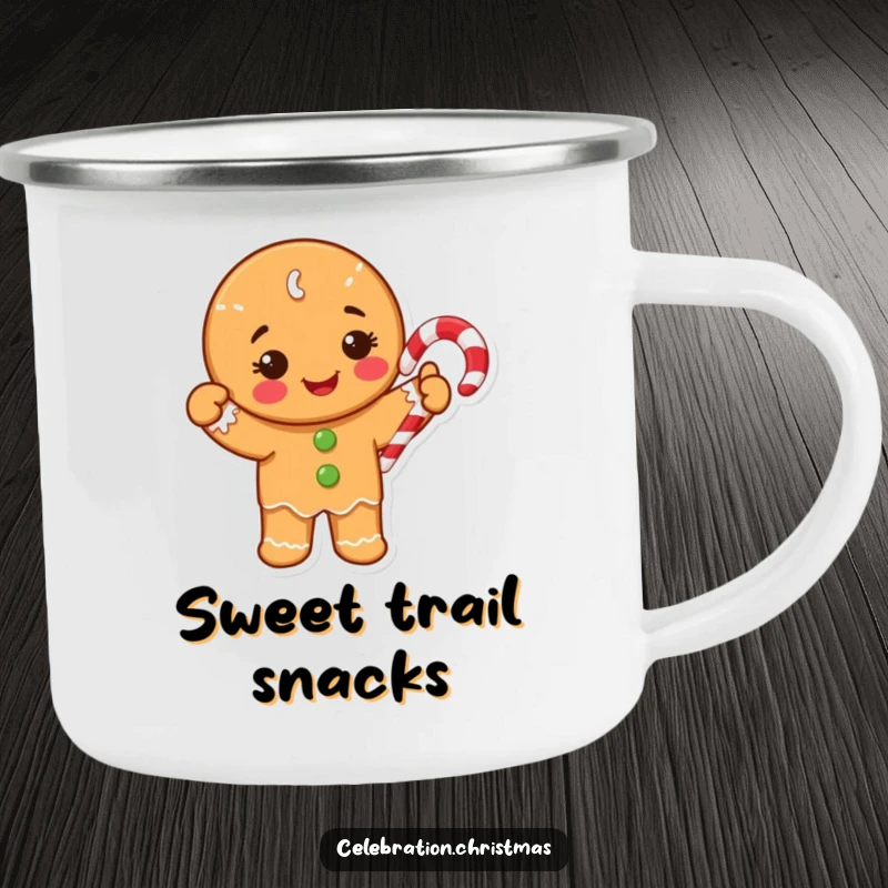 Funny Camping Mug with a happy gingerbread cookie character waving a candy cane, perfect for outdoor holiday enjoyment.