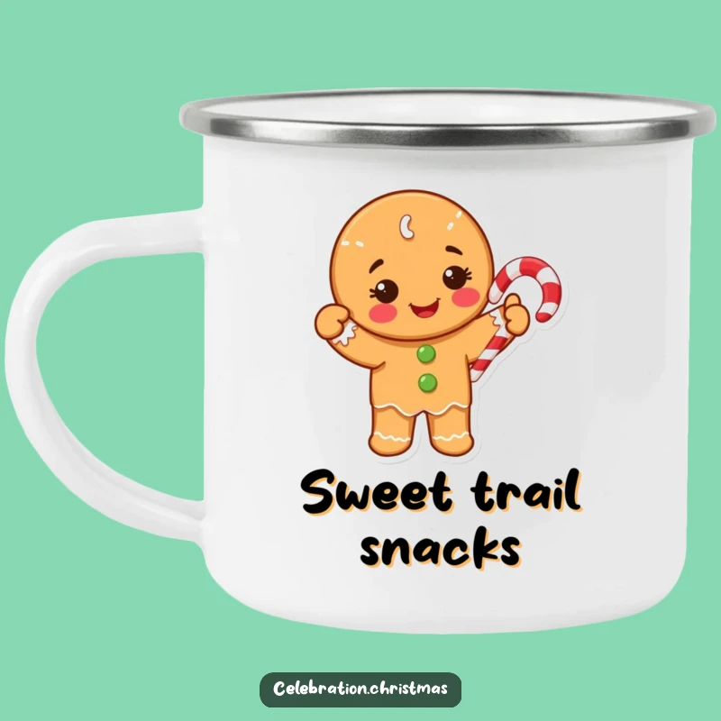 Funny Gingerbread Camping Mug: Happy Cookie Waving Candy Cane Outdoor Cheer