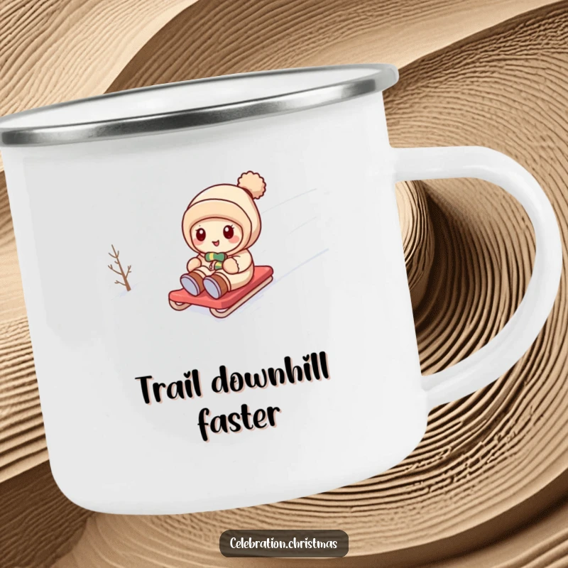Funny kawaii character sledding down a snowy hill on a durable, funny camping mug, perfect for outdoor adventures.