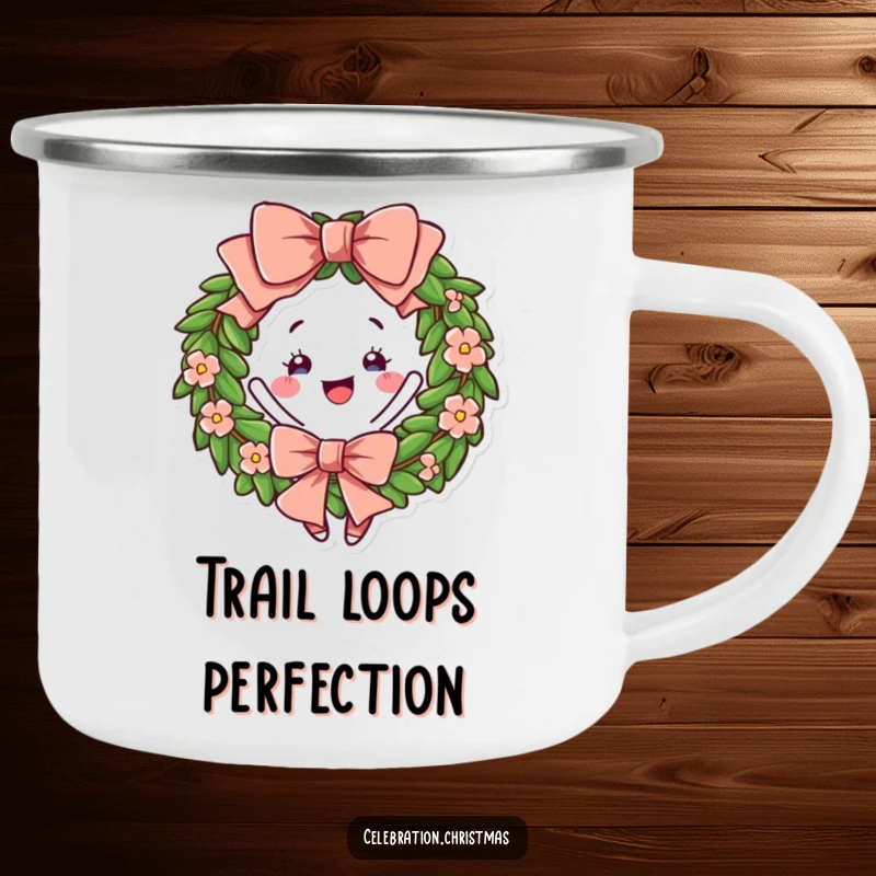 Funny Wreath Camping Mug with a cheerful bow, depicted twirling joyfully, built for adventure and holiday cheer.