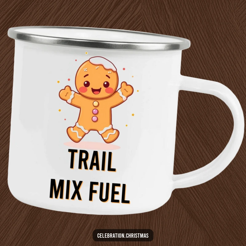 Funny gingerbread man camping mug, cute character doing a joyful jig with sprinkles, ideal for outdoor adventures and holiday cheer.