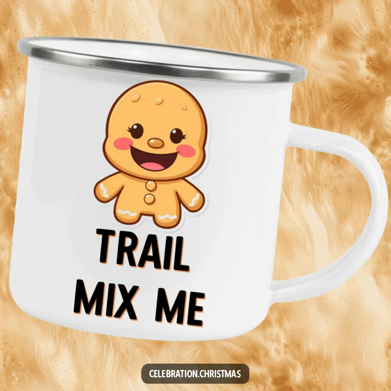 Funny Gingerbread Man Camping Mug featuring a wide, friendly cookie grin, built for durability and smiles.