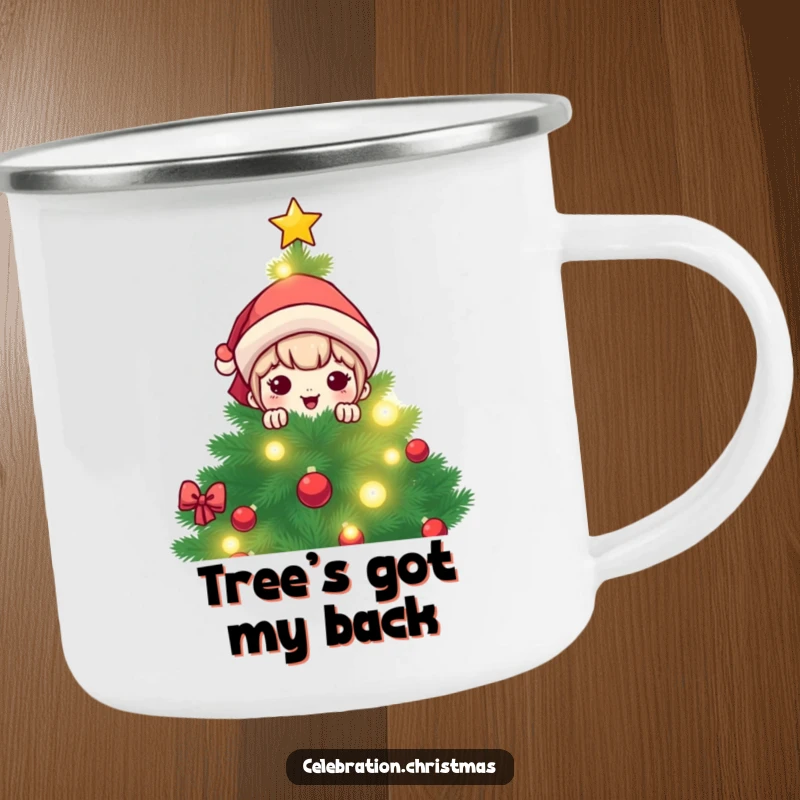 Funny kawaii character peeking from behind a brightly lit Christmas tree on a durable, funny camping mug.