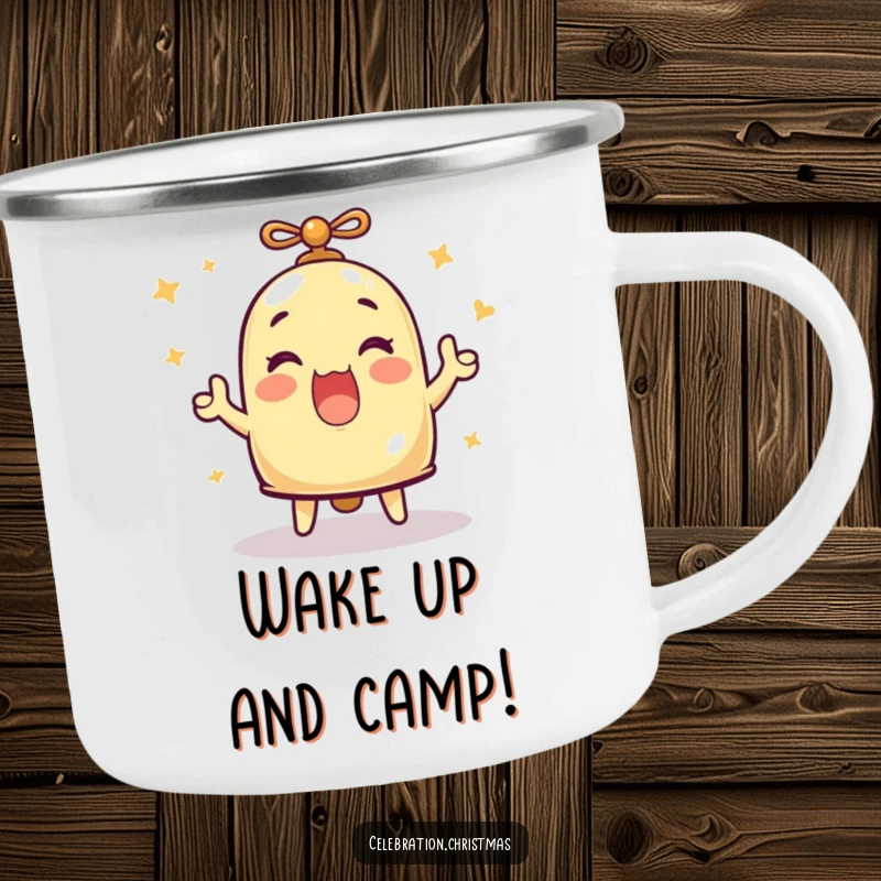 Funny and durable camping mug featuring a bell character ringing with great merriment, perfect for outdoor cheer, funny gift.