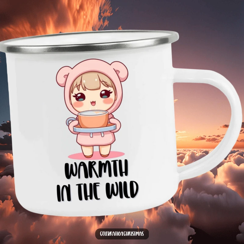 Funny camping mug featuring a cute kawaii character holding a tray of steaming hot cocoa, ideal for outdoor adventures and cozy sipping.