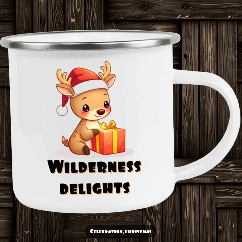 Funny camping mug with a cute deer in a Santa hat happily unwrapping a radiant gift, perfect for enjoying drinks outdoors.