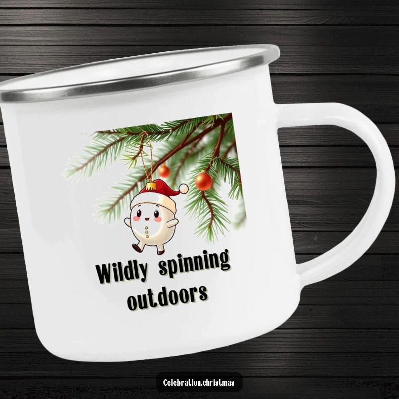 Funny camping mug with a Christmas ornament character in a wobbly spin, perfect for outdoor holiday enjoyment.
