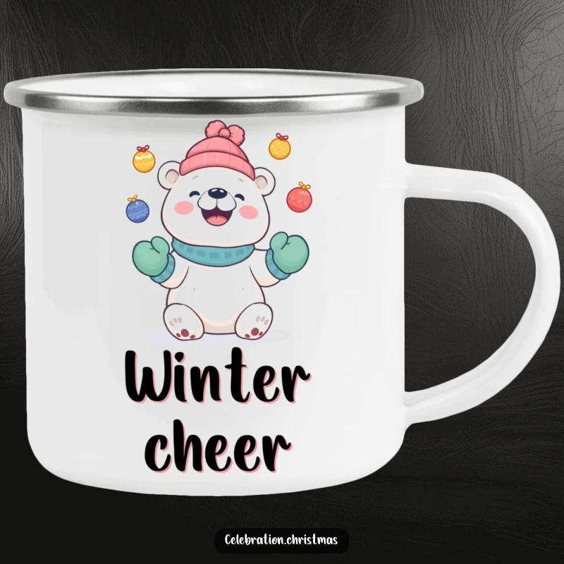 Funny Cute polar bear camping mug of a bear in mittens juggling festive baubles with a grin, durable for travel.