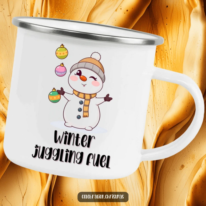 Funny kawaii snowman winking mischievously, juggling colorful Christmas ornaments on a sturdy camping mug, ideal for outdoors.