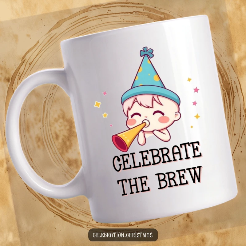 Funny festive hat mug featuring a character joyfully blowing a party horn, symbolizing celebration and fun for any occasion.