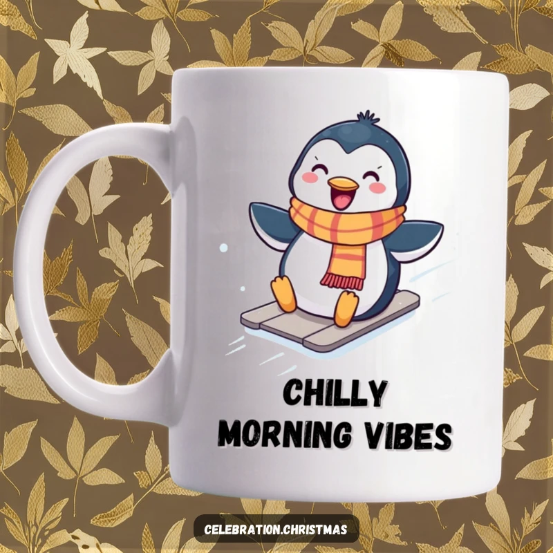 Funny Kawaii penguin mug showing a cute penguin in a scarf joyfully sliding down a snowy hill with a loud whoop.
