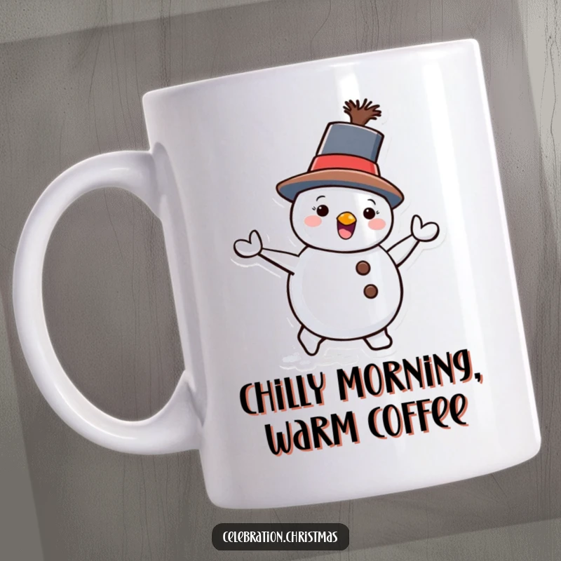 Funny Snowman Mug with a tilted hat, waddling happily, embodying winter cheer and amusement.
