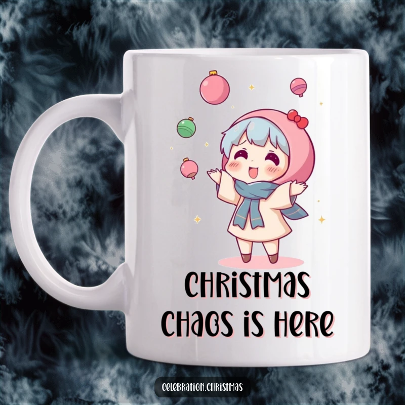 Funny Kawaii Character Mug: A cute character joyfully throws sparkly ornaments high into the air with uninhibited holiday glee.