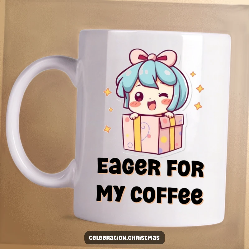 Funny mug showing a present character bursting open slightly with an excited wiggle, embodying anticipation and joy.
