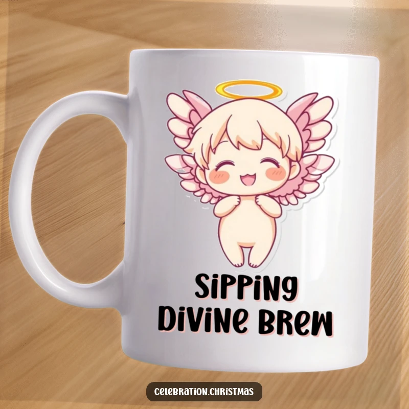 Funny Angel Mug with joyfully flapping wings, embodying heavenly cheer and a lighthearted spirit.