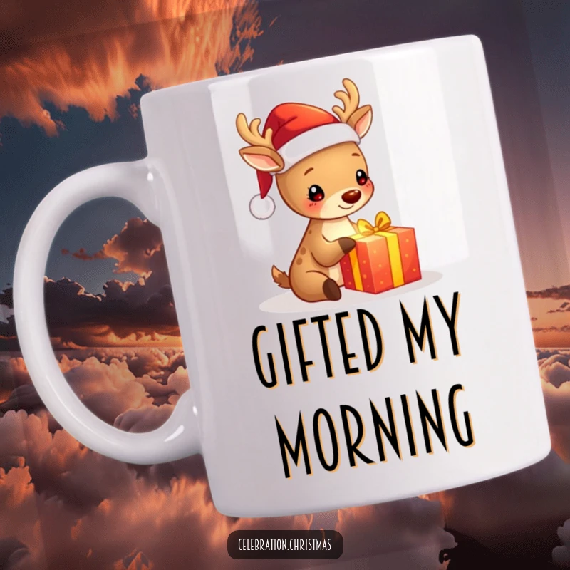 Funny mug featuring a cute deer in a Santa hat happily unwrapping a glowing gift, radiating pure holiday wonder and joy.