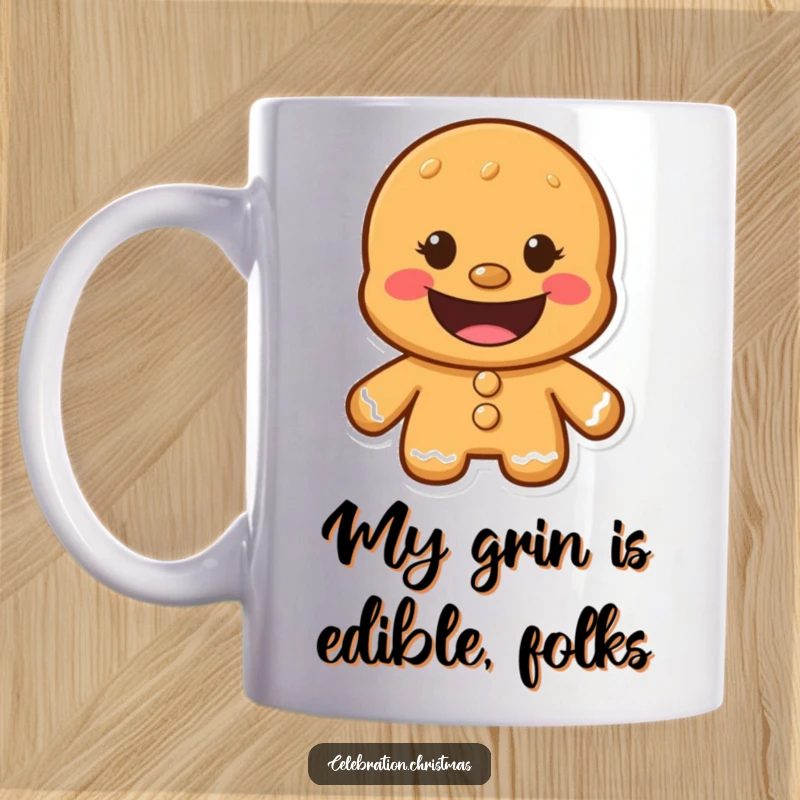 Funny Gingerbread Man Mug with a wide, delighted cookie grin, spreading holiday cheer and humor.