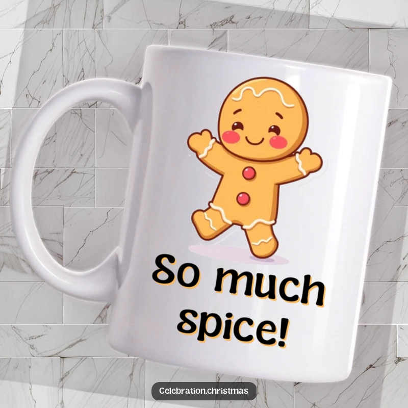 Funny gingerbread man mug with a character doing a joyful jig, spreading holiday happiness and laughter in a festive kitchen scene.