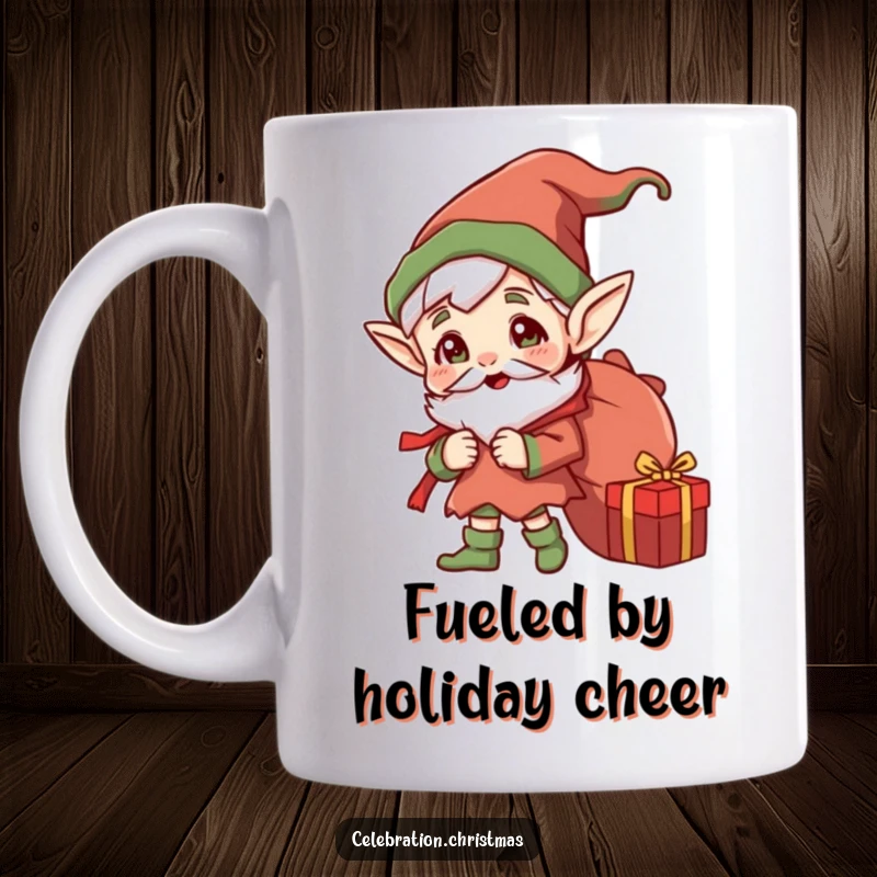 Funny Jolly Elf Mug: A cheerful elf with pointed ears and a sack overflowing with gifts, spreading humorous holiday spirit.