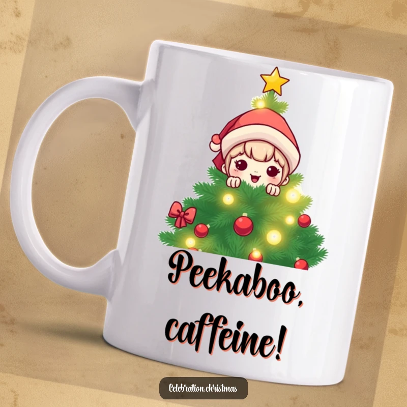 Funny kawaii character peeking mischievously from behind a sparkling, brightly lit Christmas tree on a festive mug.