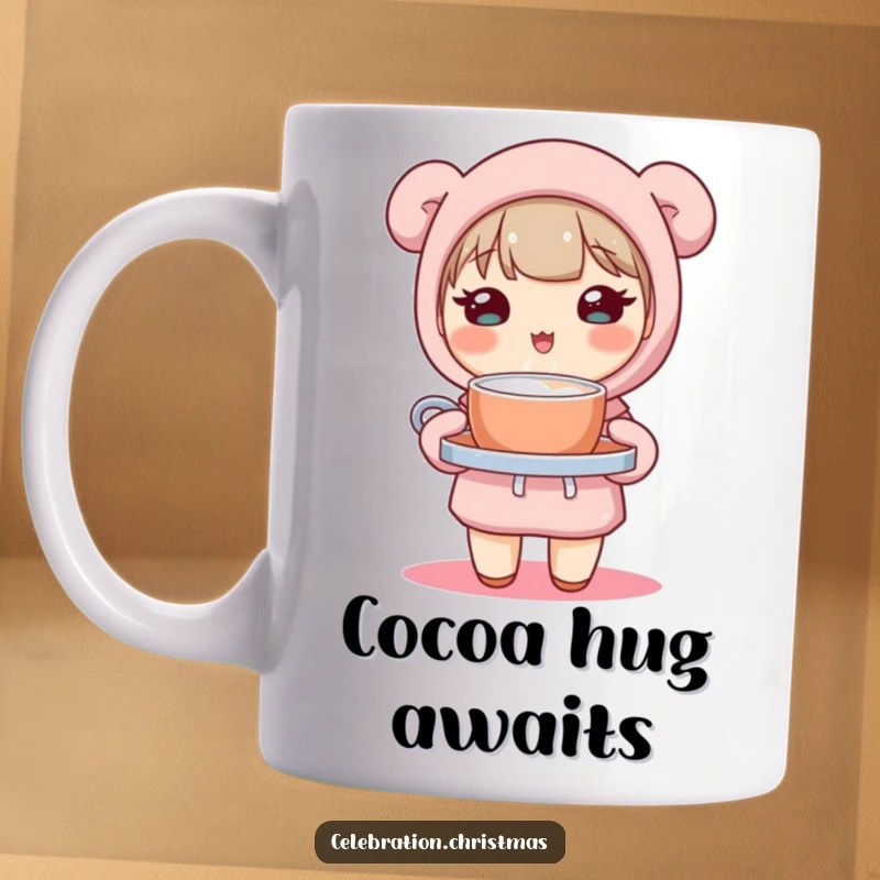 Funny mug featuring an adorable kawaii character holding a tray of steaming hot cocoa with a heartwarming smile.