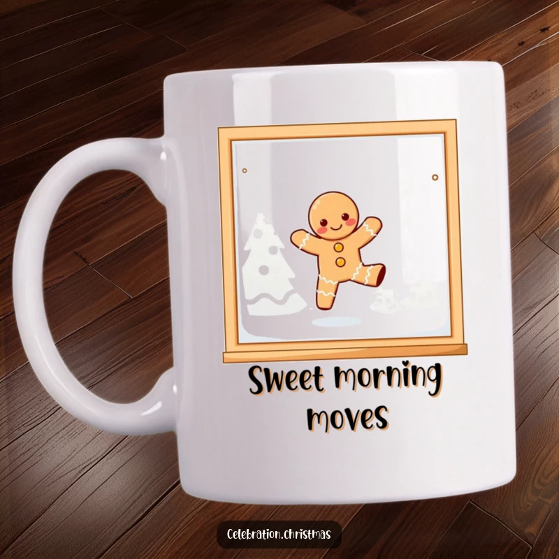 Funny, joyful kawaii gingerbread person playfully dancing on a frosted window pane, featured on a mug.