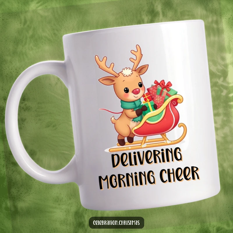 Funny mug with a kawaii reindeer happily pulling a sleigh overflowing with presents, embodying the joy and spirit of Christmas gifting.