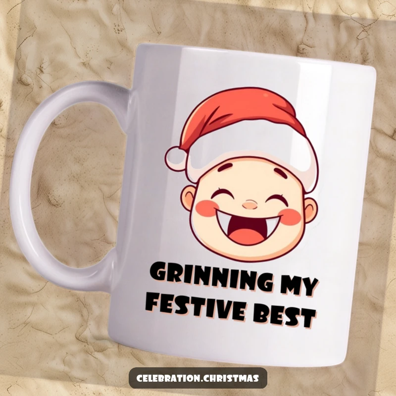 Funny Kawaii Santa Hat Mug: A cute Santa hat character with a huge, joyful grin and rosy cheeks.