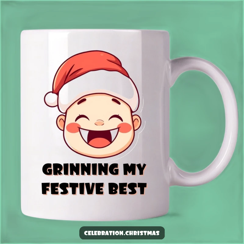 Funny Kawaii Santa Hat Mug - Joyful Grin for Hilarious Holiday Gift