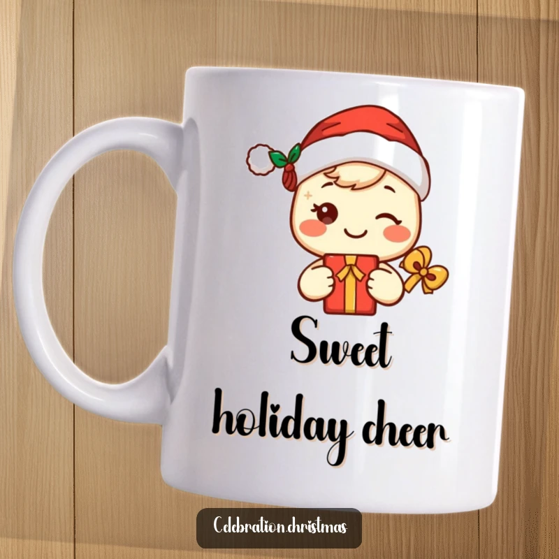 Funny kawaii Santa mug featuring a cute, smiling character in a Santa hat holding a gift, radiating holiday cheer and cuteness.