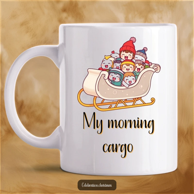 Funny ceramic mug depicting a festive sleigh overflowing with joyfully laughing characters, symbolizing holiday happiness and shared merriment.