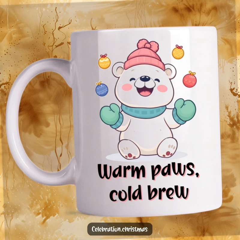 Funny Cute polar bear mug wearing mittens, cheerfully juggling colorful baubles with a big delighted grin.