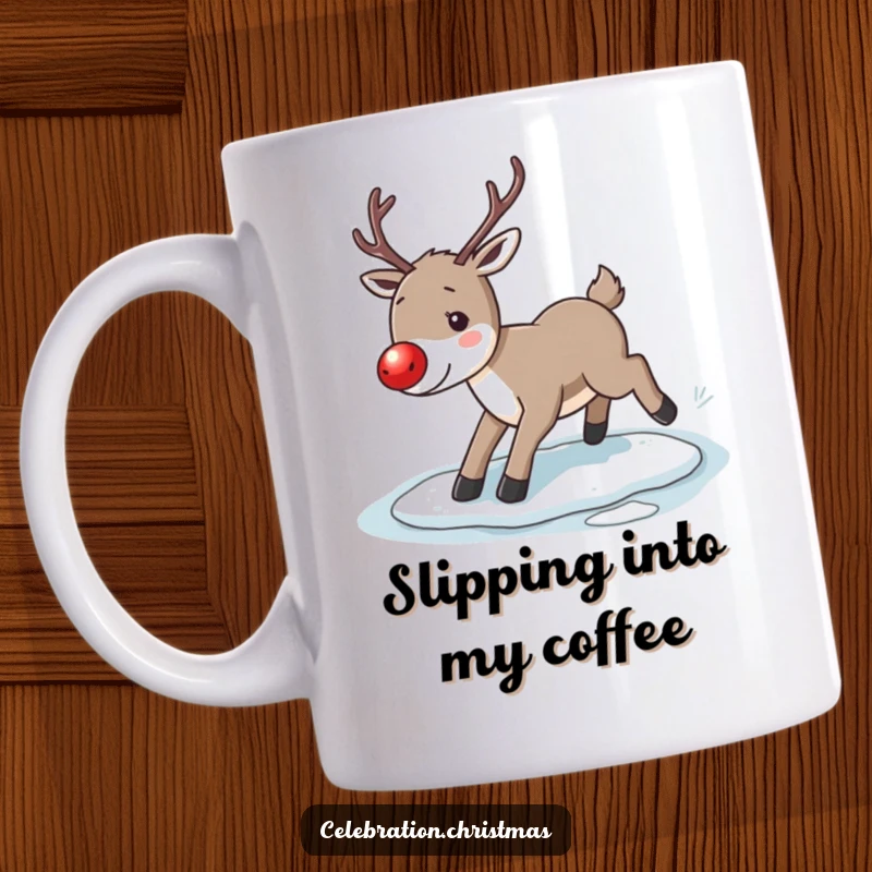 Funny reindeer mug, showing a reindeer with a glowing red nose slipping comically on an icy surface.