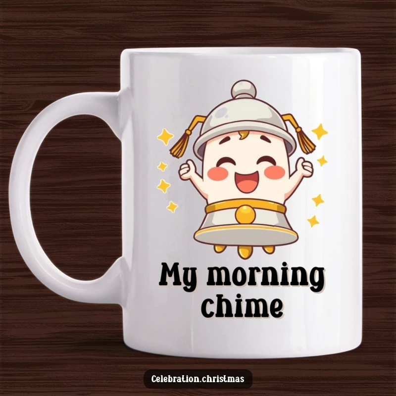 Funny Bell Mug ringing with enthusiastic merriment, embodying cheerful sounds and joyful spirit.