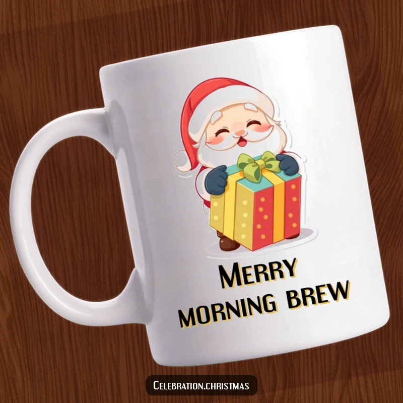Funny mug featuring a cute Santa Claus character with a wide, excited grin, joyfully unwrapping a vibrant, colorful gift.