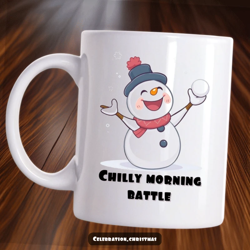 Funny snowman mug depicted in a happy snowball fight with pure glee, perfect for winter fun and a great gift.