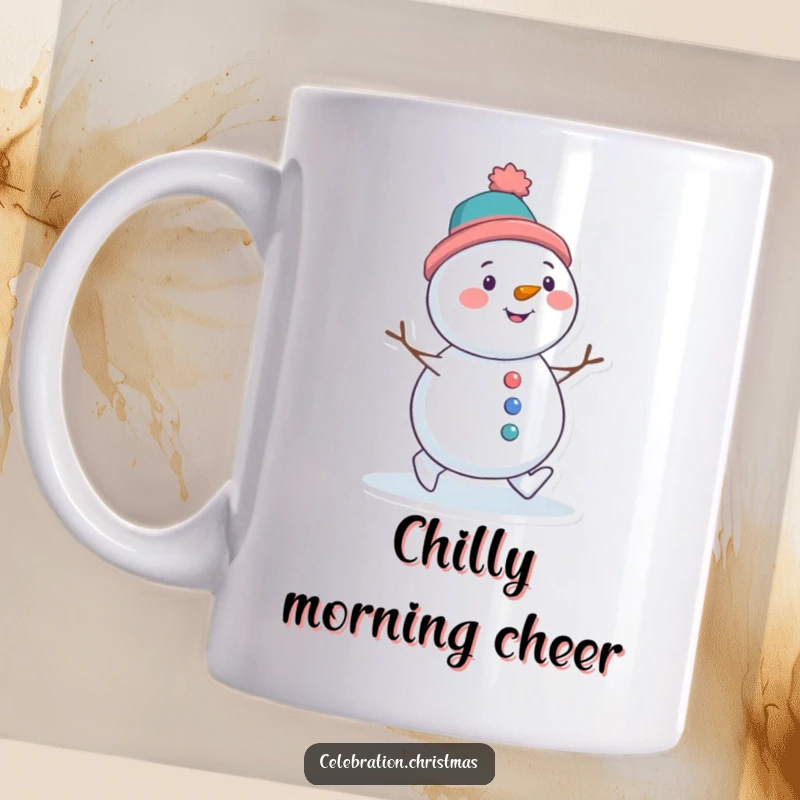 Funny mug featuring a cheerful snowman character with a tilted hat, waddling happily with pure winter delight.