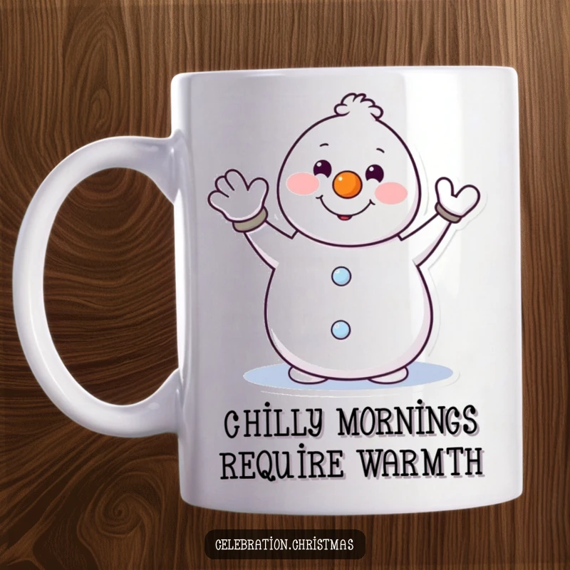 Funny snowman mug with carrot nose waving hello joyfully, embodying winter's cheerful spirit and making a delightful holiday gift.
