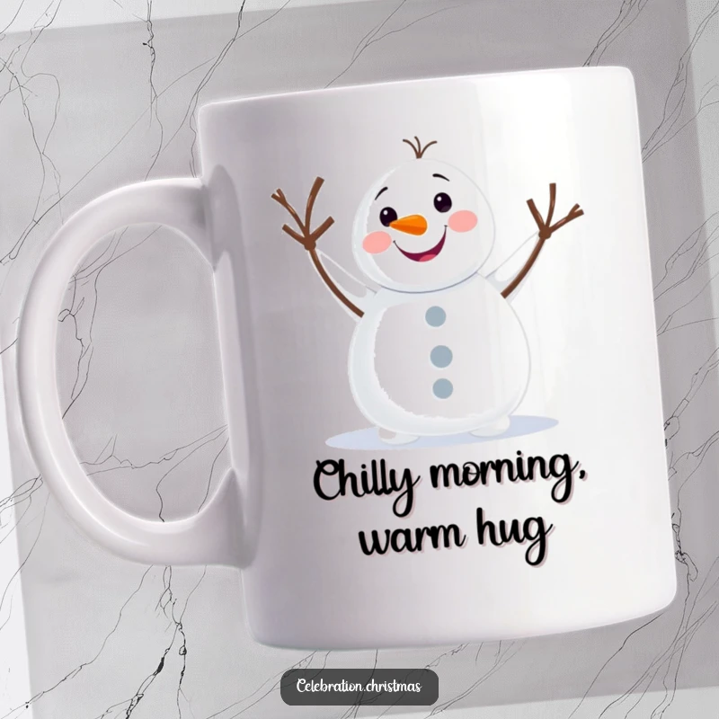Funny snowman mug featuring a cheerful character with twig arms waving happily, spreading winter joy and humor.