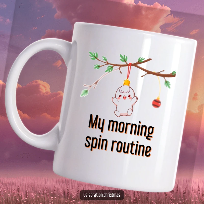 Funny Mug featuring a cheerful ornament character happily dangling and spinning from a Christmas tree branch, perfect holiday gift.