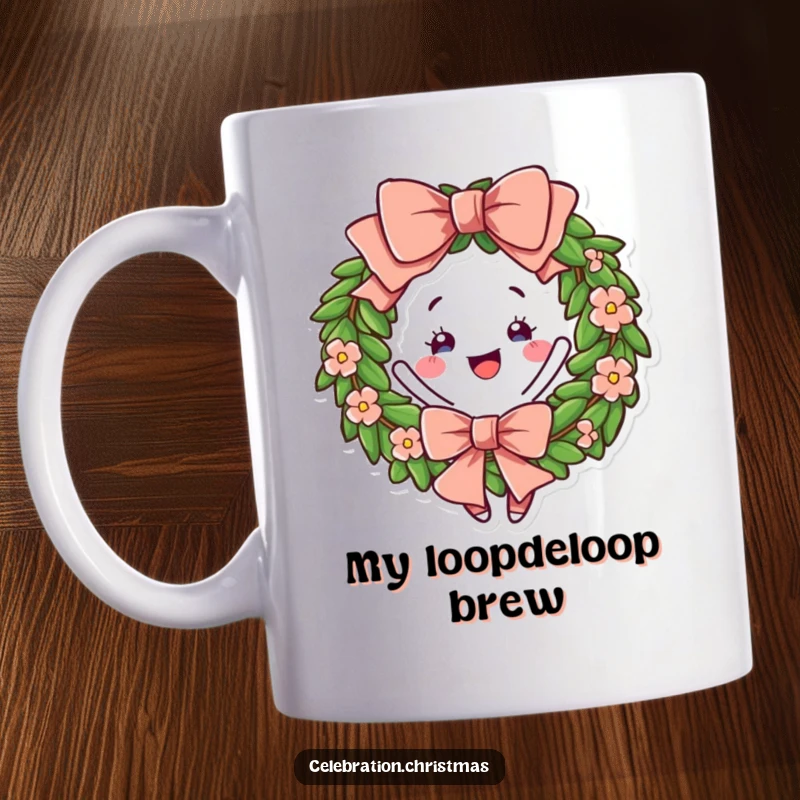 Funny Wreath Mug with a big, cheerful bow, depicted doing a joyful twirl, embodying holiday merriment.