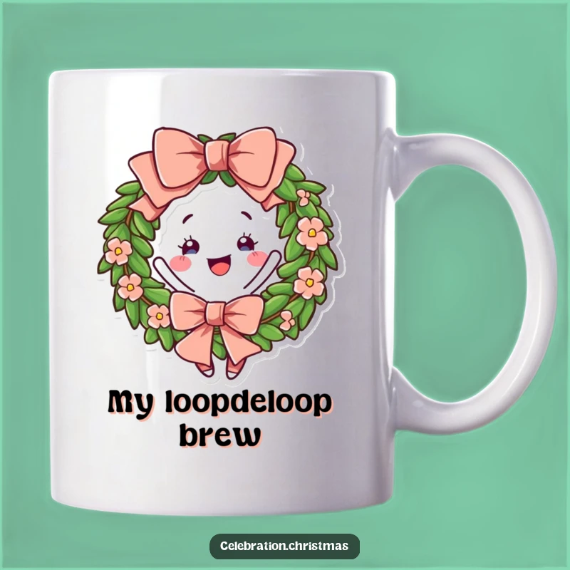 Funny Wreath Twirling Mug - Cheerful Bow Character Humorous Holiday Gift