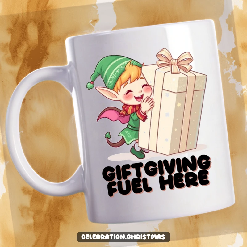Funny mug featuring a cute elf character joyfully wrapping a giant, glittery present, spreading holiday cheer.