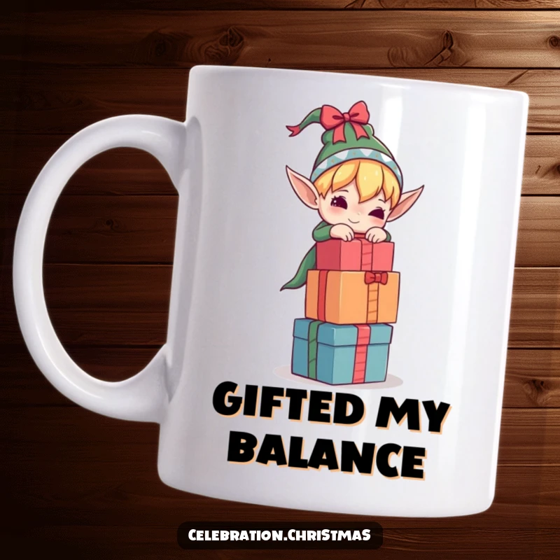 Funny elf mug showing a character struggling to balance a tall stack of presents, perfect for holiday cheer and a chuckle.