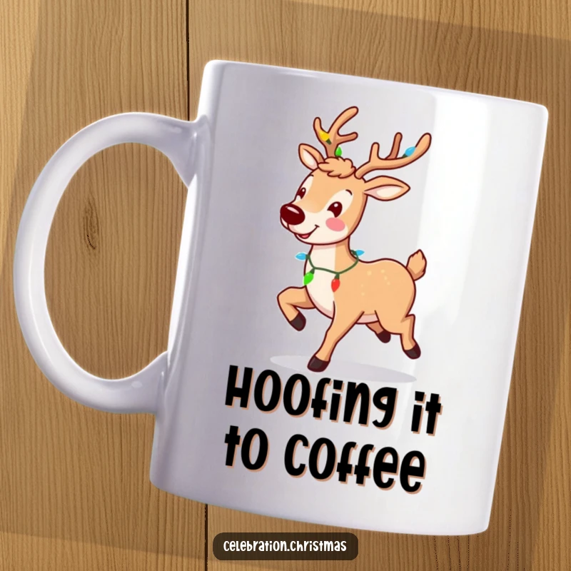 Funny reindeer mug showcasing a smiling character with a light garland, joyfully prancing for a festive holiday mood.