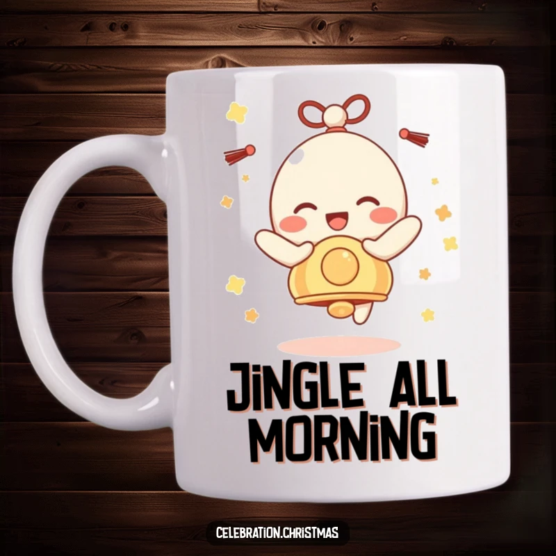 Funny Bell Character Mug: A festive bell character jingling with pure, unadulterated delight, spreading happiness.