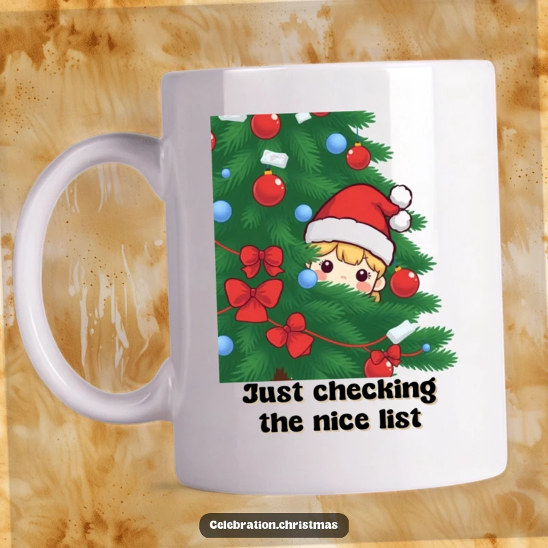 Funny mug featuring a cute Santa hat character peeking playfully from behind a large, festive Christmas tree, spreading holiday cheer.